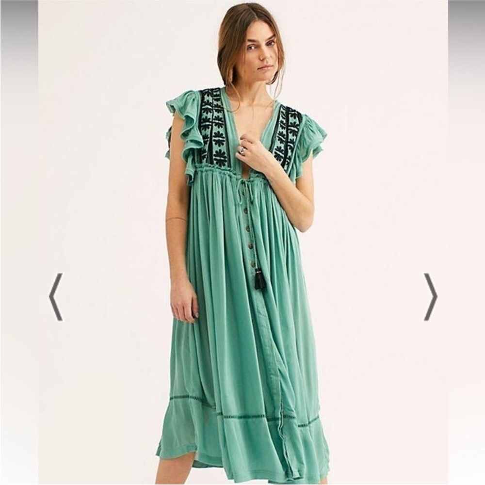 Free People Sage Green Embroidered V-Neck Maxi Dress - Picture 4 of 15